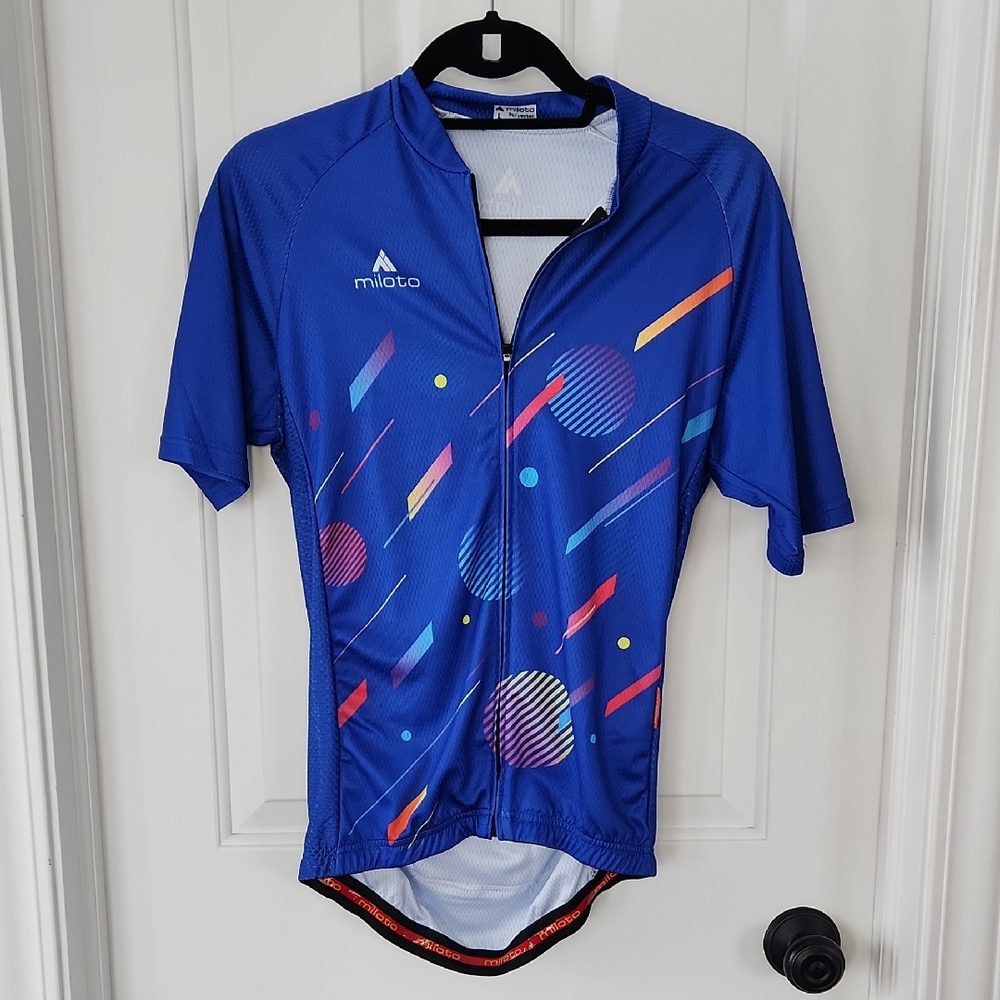 Miloto Blue Cycling Jersey with Colorful Geometric Design